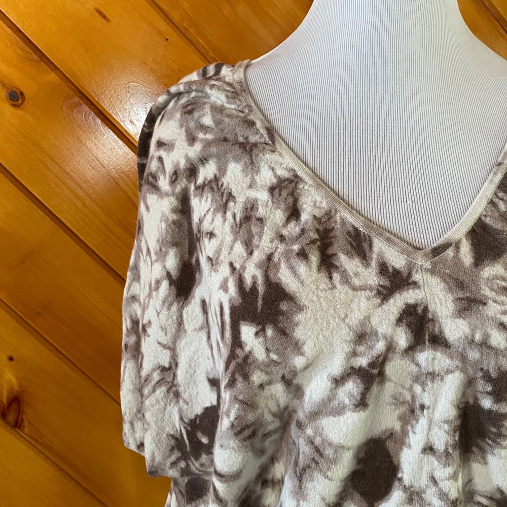 Velvet Cashmere Silk Blend V-Neck Knit Top Brown Beige Small Tie Dye
